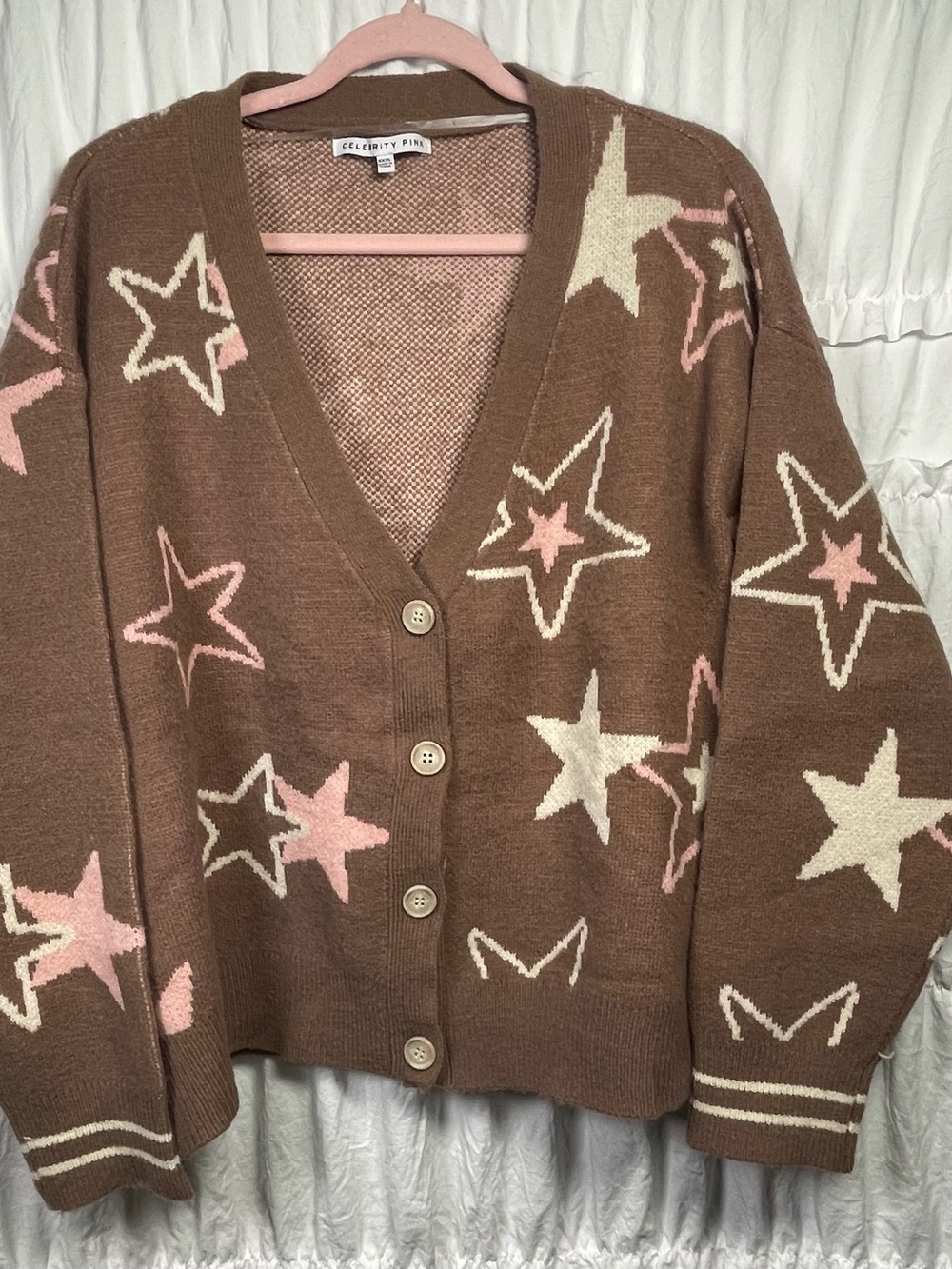 Celebrity Pink Cardigan Sweater 3XL Plus Brown Pink Cream STAR V-Neck Button Up